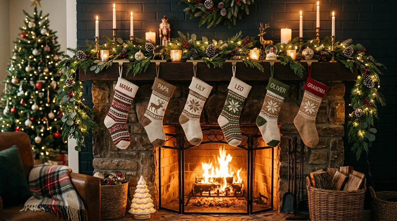 Use height variation to shape the composition inspiration for a Christmas mantel.